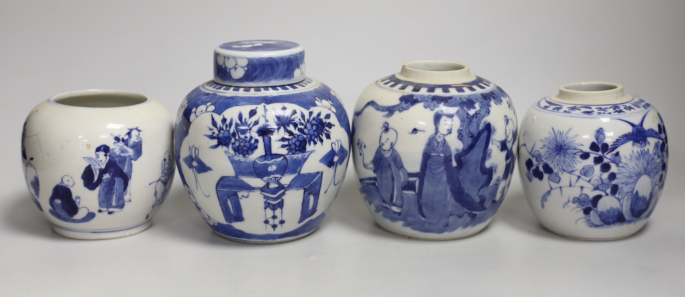 Four assorted late 19th century Chinese blue and white pots, tallest 15cm (a.f.)